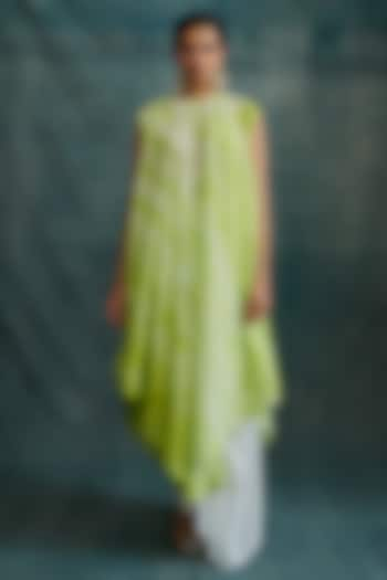 Lime Green Tussar Hand Embroidered & Tie-Dyed Draped Tunic by Krishna Mehta at Pernia's Pop Up Shop