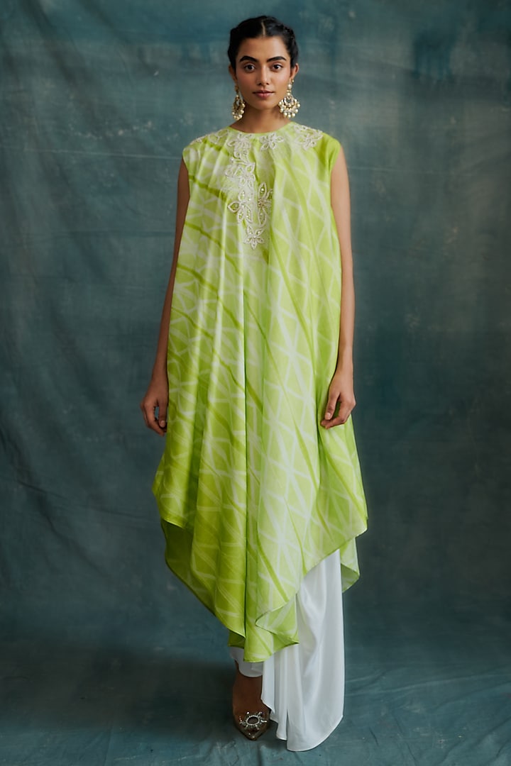 Lime Green Tussar Hand Embroidered & Tie-Dyed Draped Tunic by Krishna Mehta at Pernia's Pop Up Shop