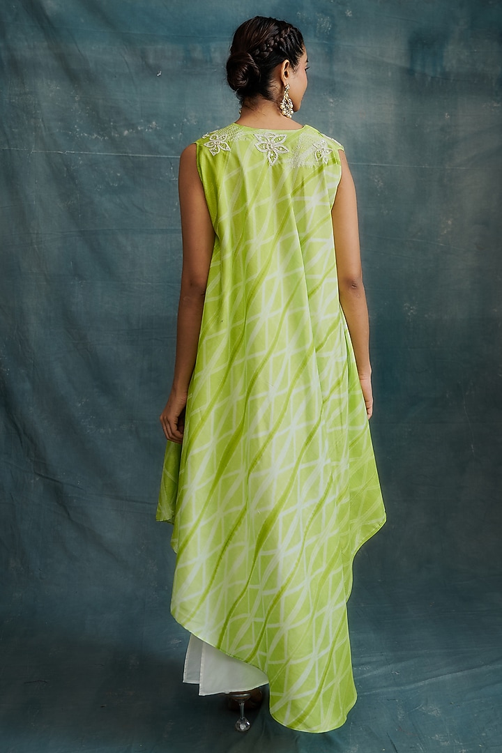 Lime Green Tussar Hand Embroidered & Tie-Dyed Draped Tunic by Krishna Mehta at Pernia's Pop Up Shop