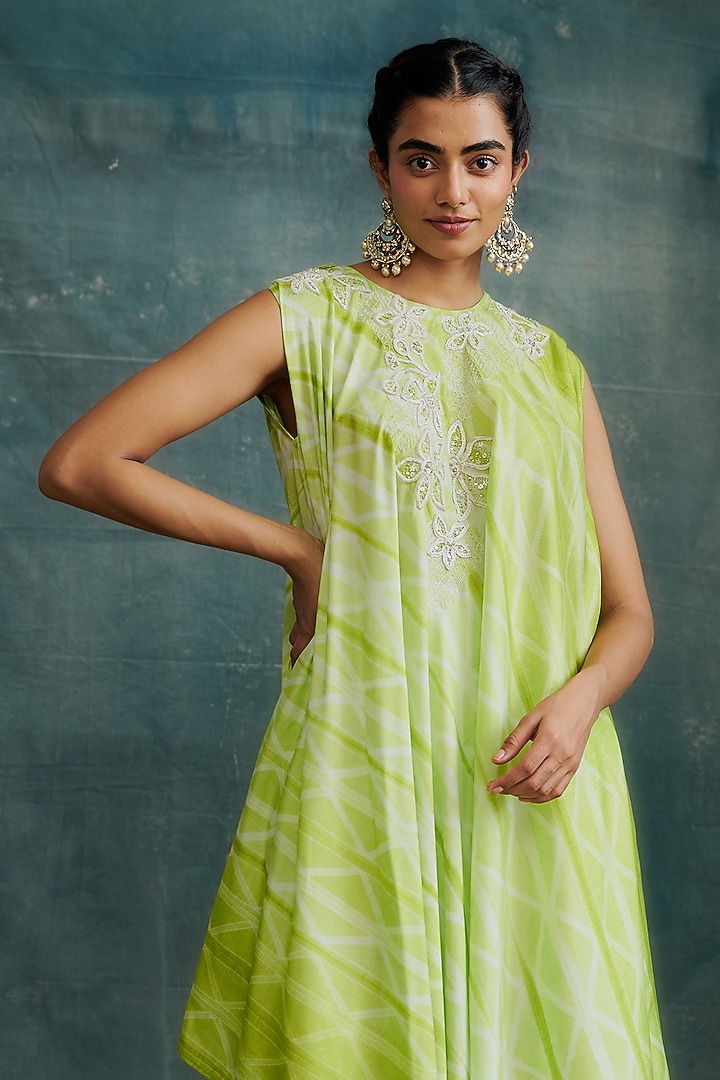 Lime Green Tussar Hand Embroidered & Tie-Dyed Draped Tunic by Krishna Mehta at Pernia's Pop Up Shop