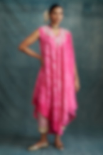 Fuchsia Pink Tussar Hand Embroidered & Tie-Dyed Draped Tunic by Krishna Mehta at Pernia's Pop Up Shop