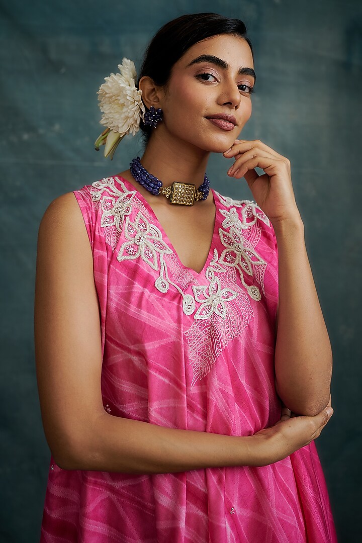 Fuchsia Pink Tussar Hand Embroidered & Tie-Dyed Draped Tunic by Krishna Mehta at Pernia's Pop Up Shop