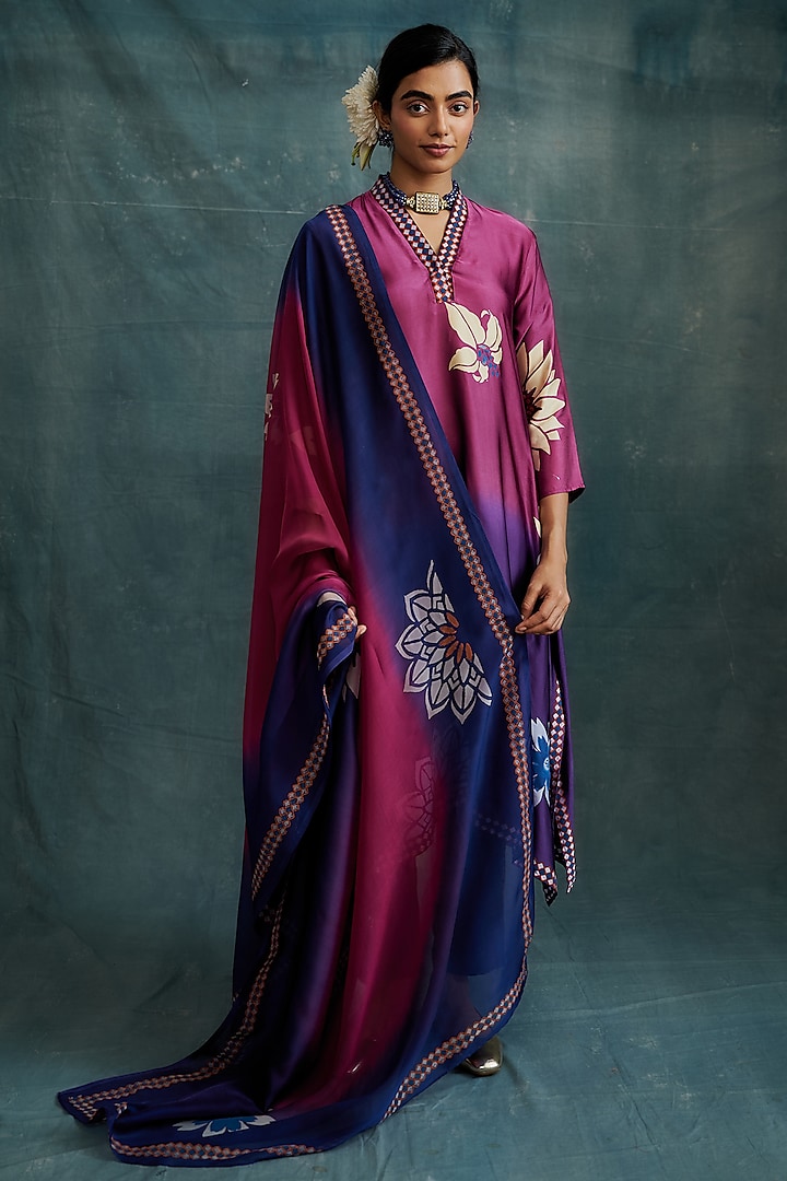 Purple & Pink Modal Block Printed Kurta Set by Krishna Mehta at Pernia's Pop Up Shop