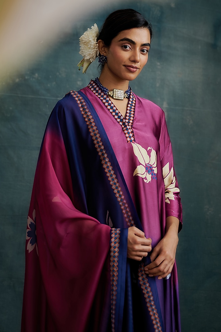 Purple & Pink Modal Block Printed Kurta Set by Krishna Mehta at Pernia's Pop Up Shop
