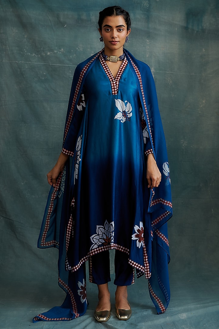 Indigo Blue Shaded Modal Block Printed Tunic Set by Krishna Mehta at Pernia's Pop Up Shop