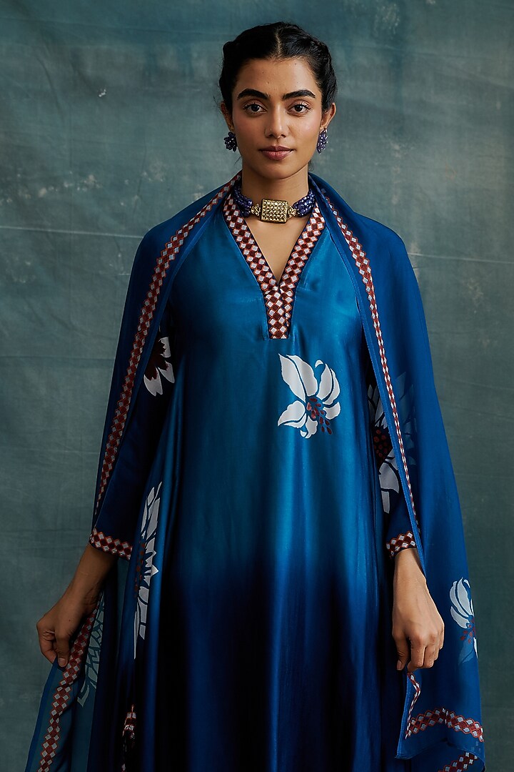 Indigo Blue Shaded Modal Block Printed Tunic Set by Krishna Mehta at Pernia's Pop Up Shop