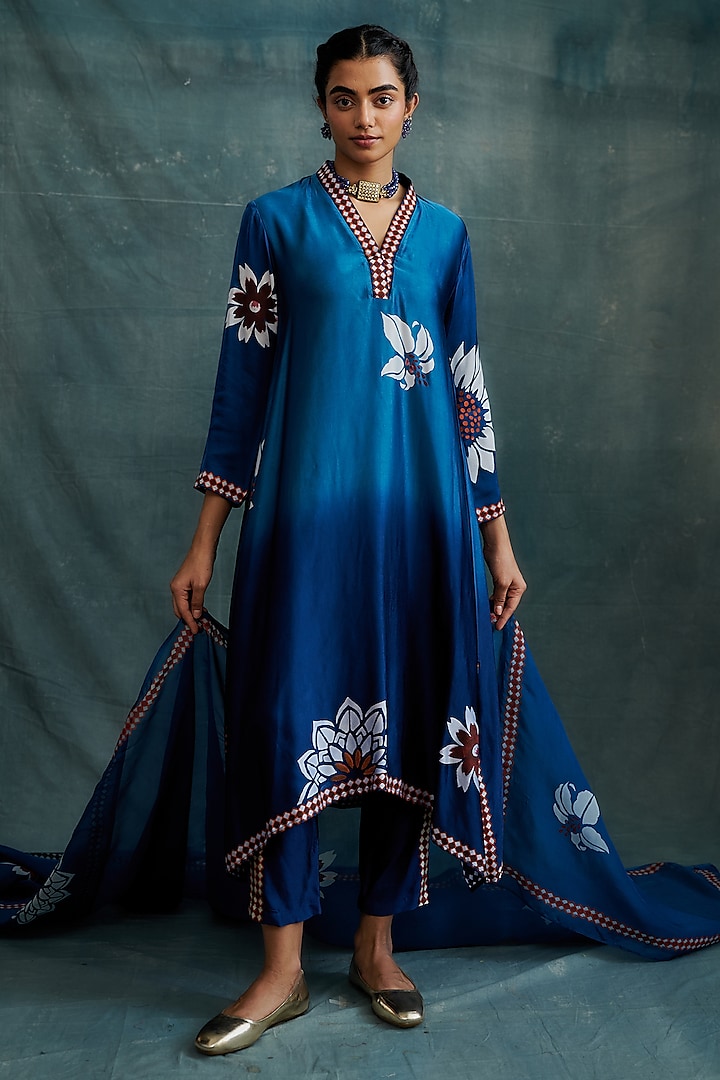 Indigo Blue Shaded Modal Block Printed Tunic Set by Krishna Mehta at Pernia's Pop Up Shop