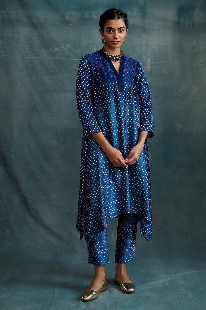 Indigo & Ocean Blue Modal Block Printed Overlap Tunic Set by Krishna Mehta