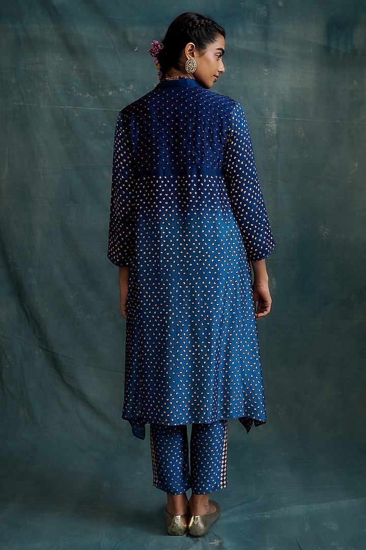 Indigo & Ocean Blue Modal Block Printed Overlap Tunic Set by Krishna Mehta at Pernia's Pop Up Shop