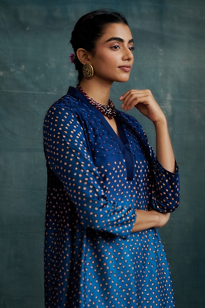 Indigo & Ocean Blue Modal Block Printed Overlap Tunic Set by Krishna Mehta at Pernia's Pop Up Shop