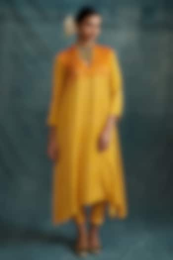 Orange-Yellow Modal Block Printed Overlap Tunic Set by Krishna Mehta at Pernia's Pop Up Shop