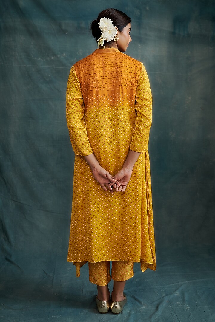 Orange-Yellow Modal Block Printed Overlap Tunic Set by Krishna Mehta at Pernia's Pop Up Shop