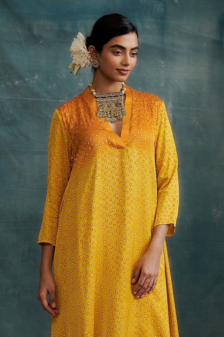 Orange-Yellow Modal Block Printed Overlap Tunic Set by Krishna Mehta at Pernia's Pop Up Shop