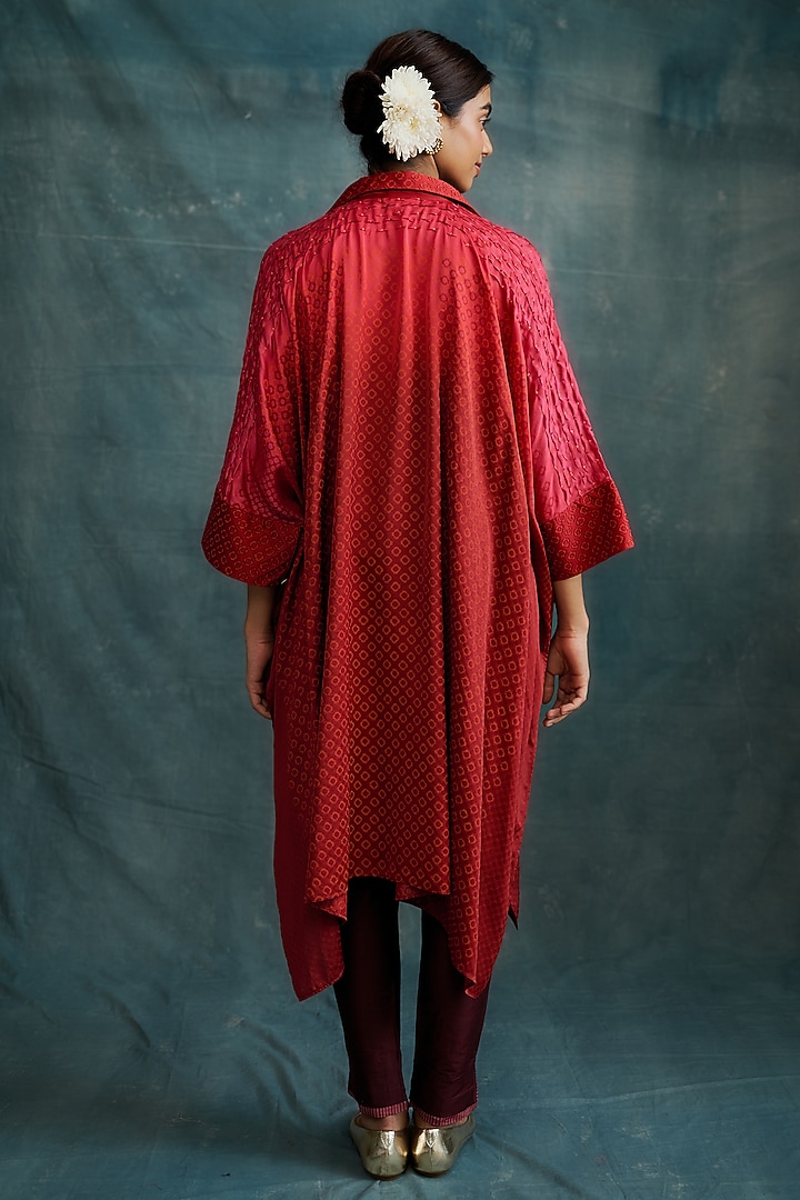 Red Modal Block Printed & Embroidered Kaftan Draped Tunic by Krishna Mehta at Pernia's Pop Up Shop