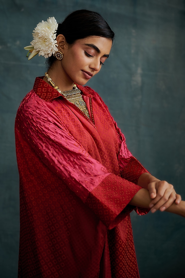 Red Modal Block Printed & Embroidered Kaftan Draped Tunic by Krishna Mehta at Pernia's Pop Up Shop