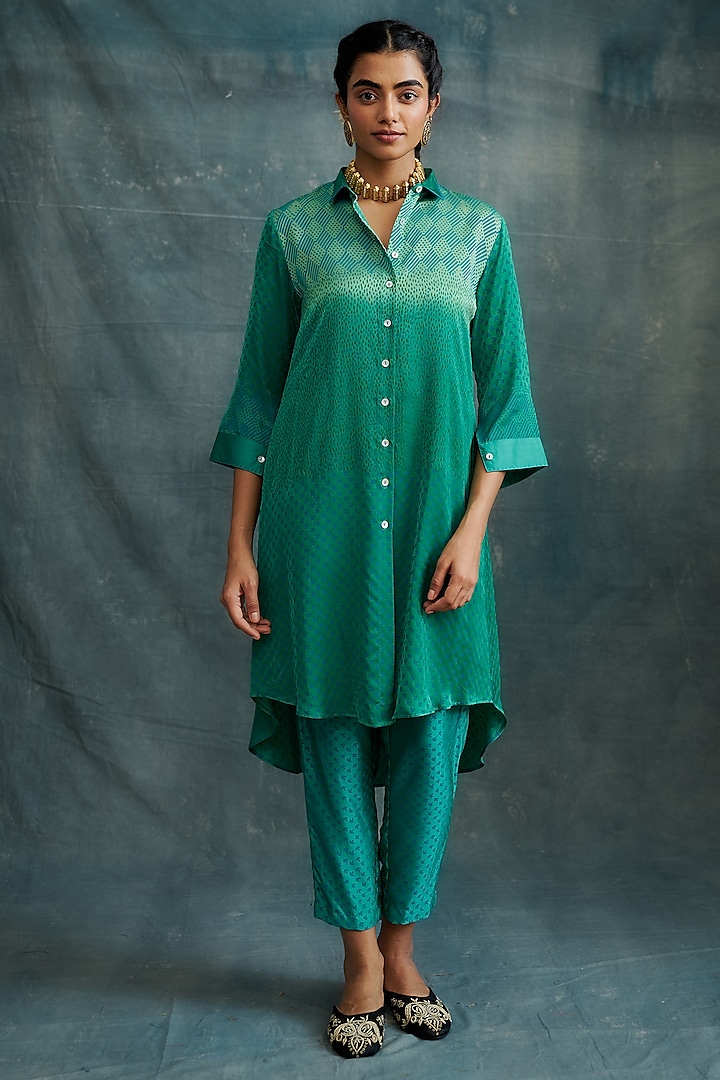 Green Modal Block Printed Shirt Tunic Set by Krishna Mehta at Pernia's Pop Up Shop