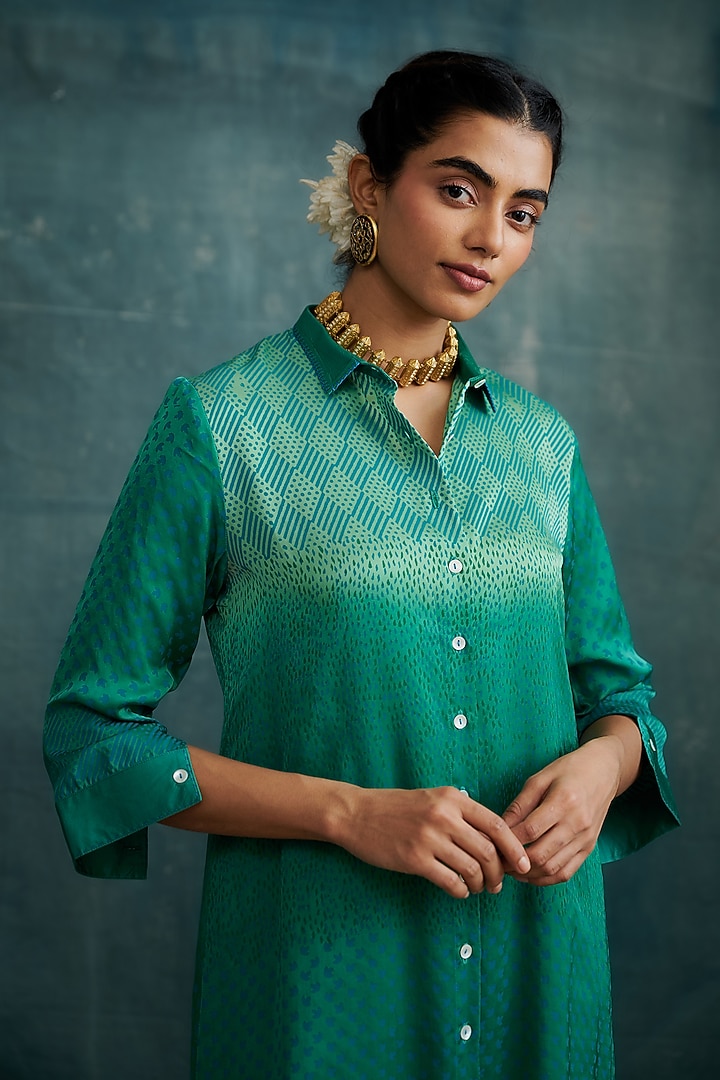 Green Modal Block Printed Shirt Tunic Set by Krishna Mehta at Pernia's Pop Up Shop