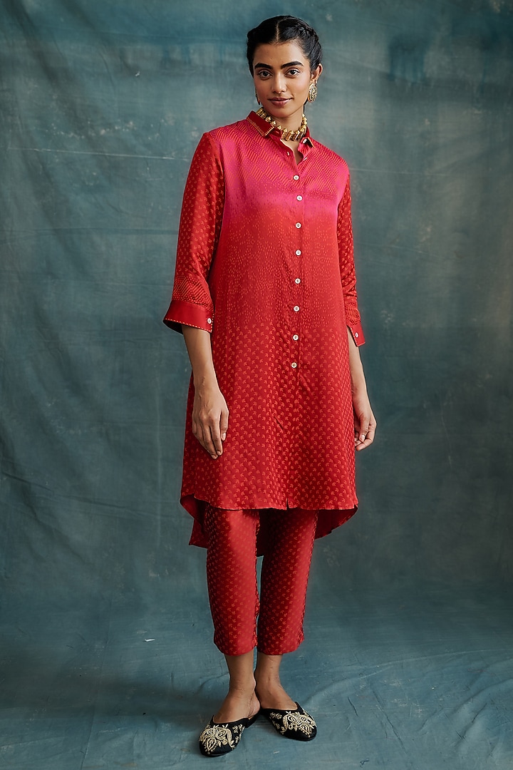 Red Modal Block Printed Shirt Tunic Set by Krishna Mehta at Pernia's Pop Up Shop