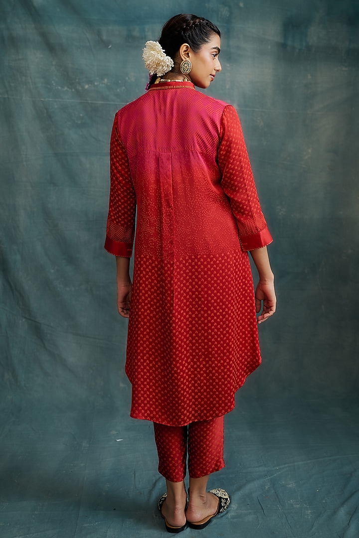 Red Modal Block Printed Shirt Tunic Set by Krishna Mehta at Pernia's Pop Up Shop