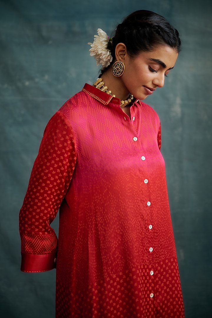 Red Modal Block Printed Shirt Tunic Set by Krishna Mehta at Pernia's Pop Up Shop