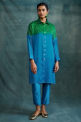 Emerald Turquoise Modal Block Printed & Embroidered Shirt Tunic Set by Krishna Mehta