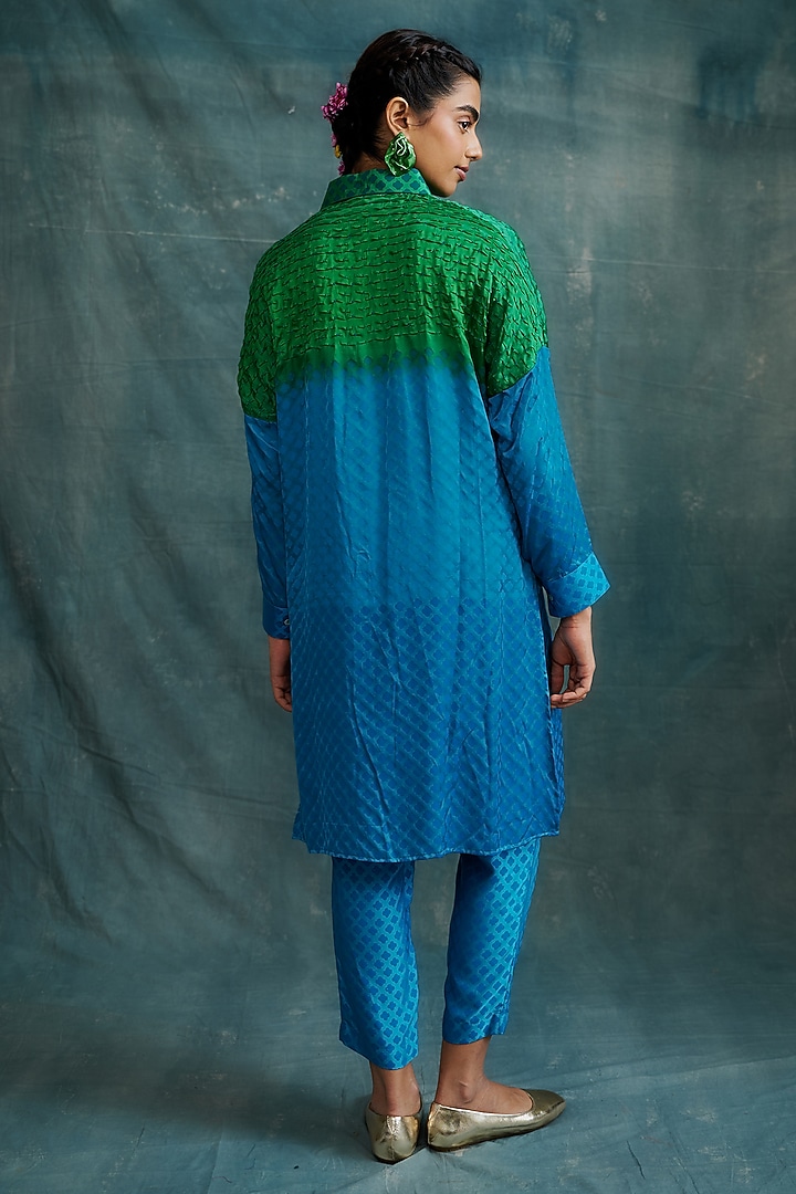 Emerald Turquoise Modal Block Printed & Embroidered Shirt Tunic Set by Krishna Mehta at Pernia's Pop Up Shop
