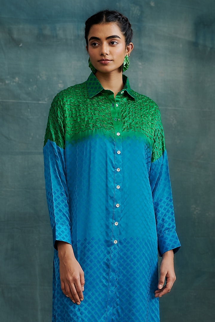 Emerald Turquoise Modal Block Printed & Embroidered Shirt Tunic Set by Krishna Mehta at Pernia's Pop Up Shop