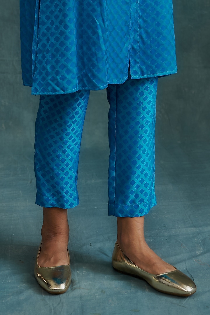 Emerald Turquoise Modal Block Printed & Embroidered Shirt Tunic Set by Krishna Mehta at Pernia's Pop Up Shop