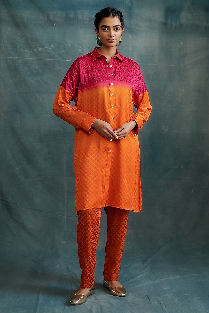 Fuchsia & Orange Modal Block Printed Shirt Tunic Set by Krishna Mehta at Pernia's Pop Up Shop