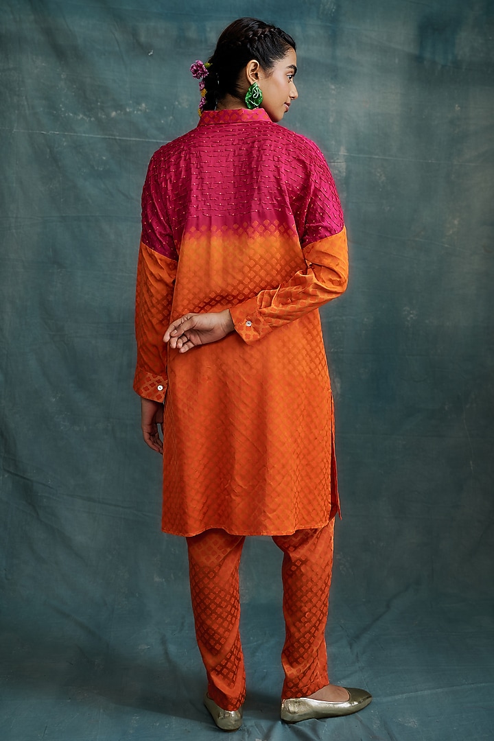 Fuchsia & Orange Modal Block Printed Shirt Tunic Set by Krishna Mehta at Pernia's Pop Up Shop
