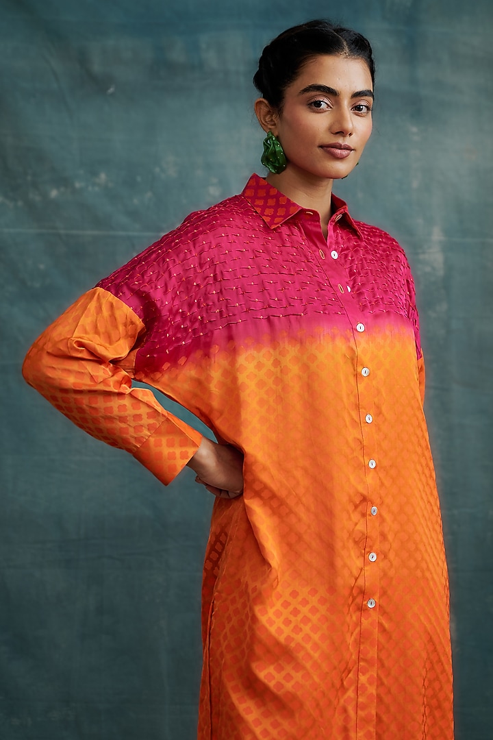 Fuchsia & Orange Modal Block Printed Shirt Tunic Set by Krishna Mehta at Pernia's Pop Up Shop
