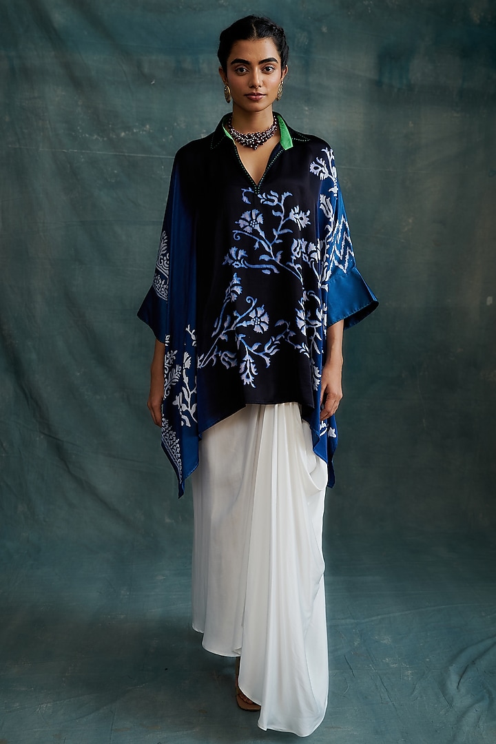 Indigo Modal Hand Block Printed Kaftan Tunic by Krishna Mehta at Pernia's Pop Up Shop