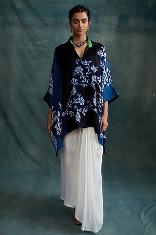Indigo Modal Hand Block Printed Kaftan Tunic by Krishna Mehta