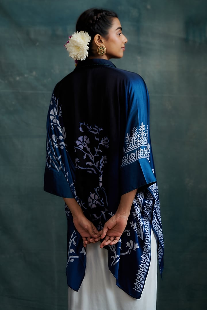 Indigo Modal Hand Block Printed Kaftan Tunic by Krishna Mehta at Pernia's Pop Up Shop