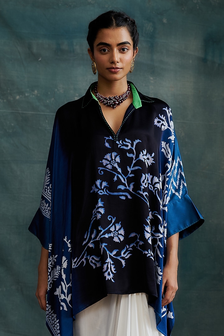 Indigo Modal Hand Block Printed Kaftan Tunic by Krishna Mehta at Pernia's Pop Up Shop