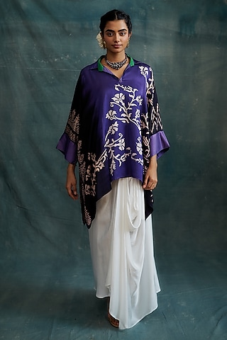 Purple Modal Hand Block Printed Kaftan Tunic by Krishna Mehta