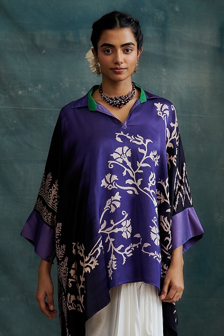 Purple Modal Hand Block Printed Kaftan Tunic by Krishna Mehta at Pernia's Pop Up Shop