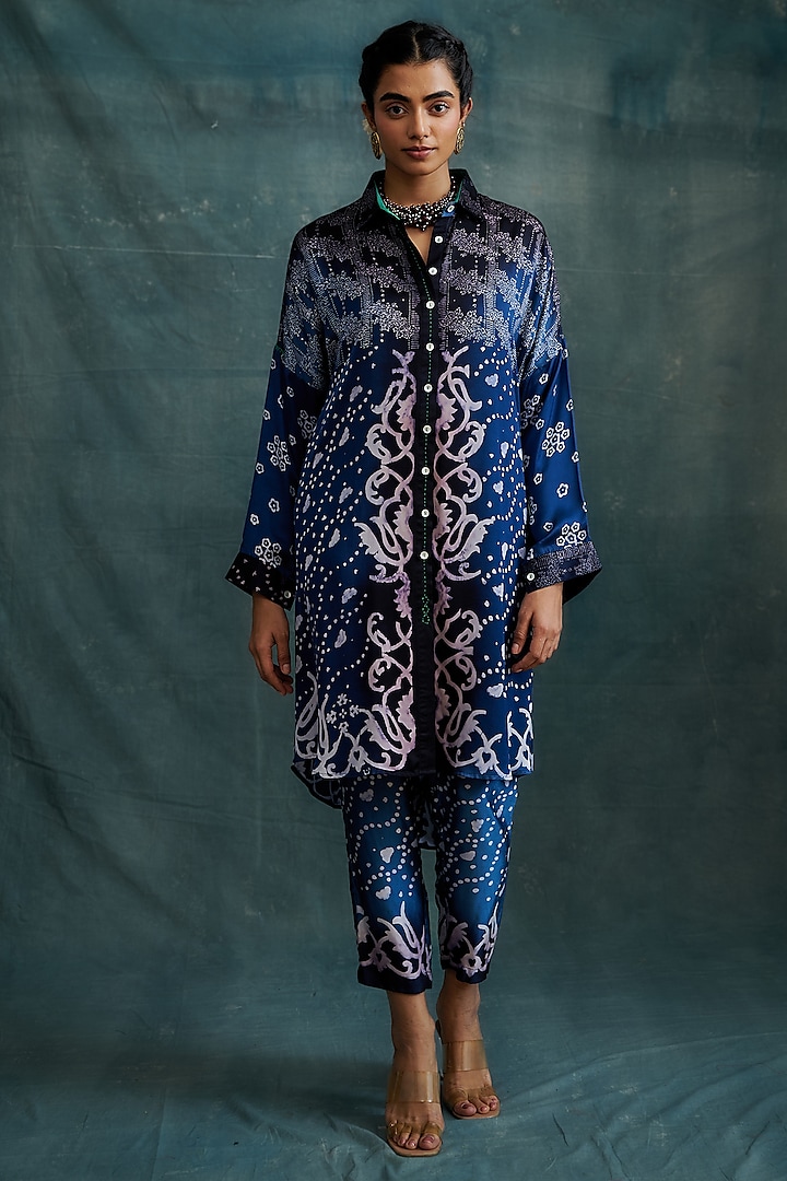 Indigo Modal Hand Block Printed Shirt Tunic Set by Krishna Mehta at Pernia's Pop Up Shop