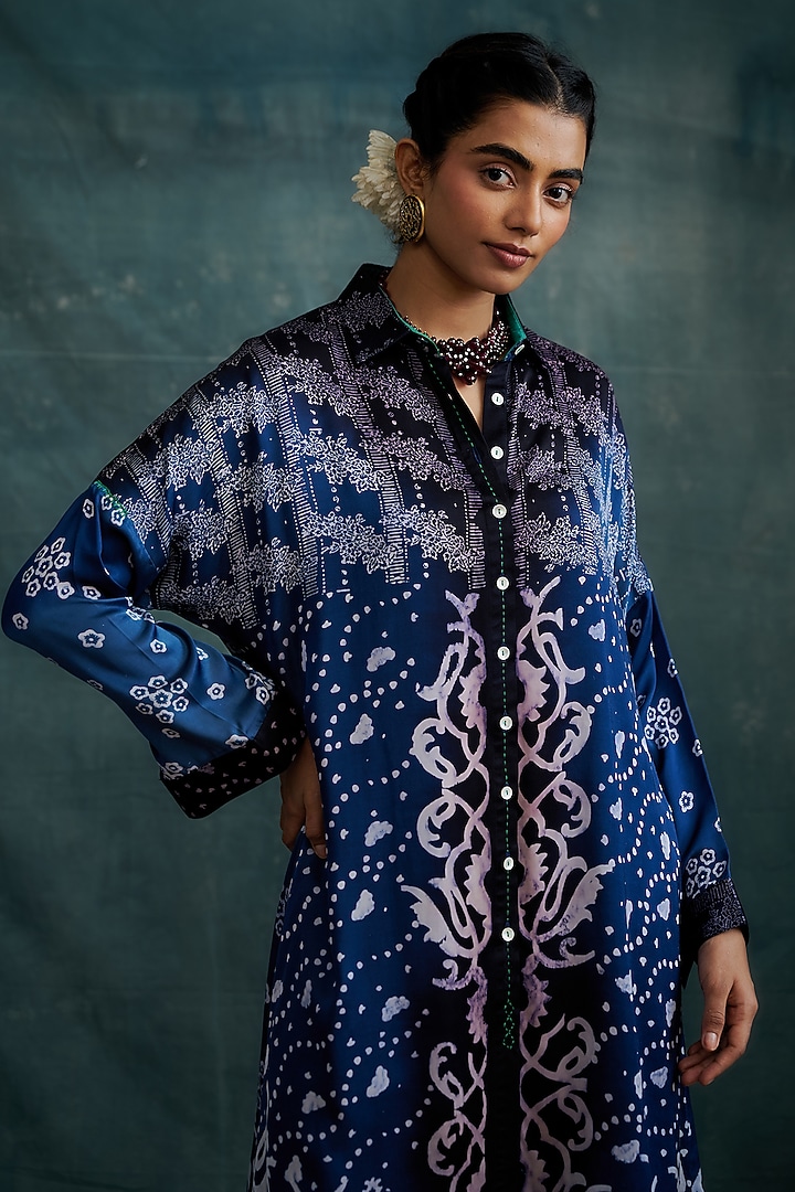 Indigo Modal Hand Block Printed Shirt Tunic Set by Krishna Mehta at Pernia's Pop Up Shop