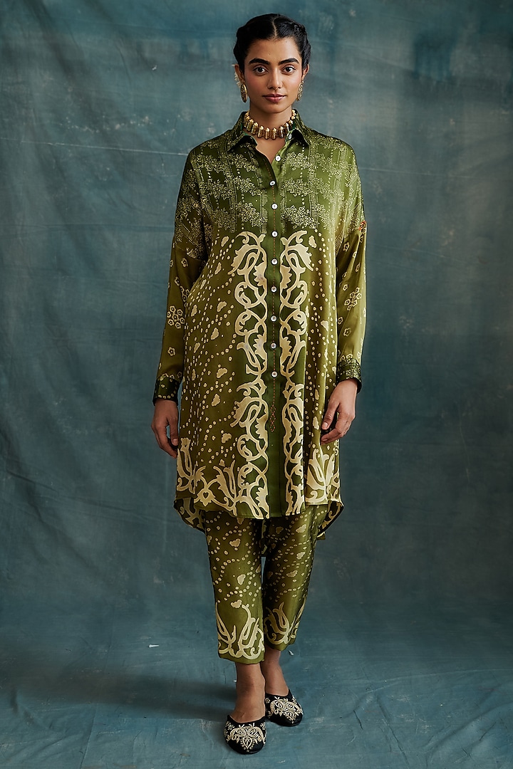 Olive Modal Hand Block Printed Shirt Tunic Set by Krishna Mehta at Pernia's Pop Up Shop