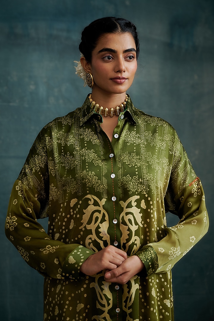 Olive Modal Hand Block Printed Shirt Tunic Set by Krishna Mehta at Pernia's Pop Up Shop