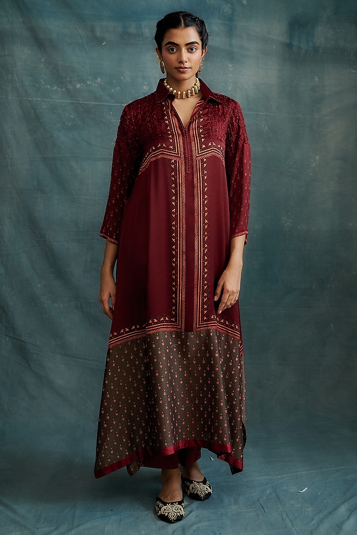 Maroon Modal Block Printed & Embroidered Tunic by Krishna Mehta at Pernia's Pop Up Shop