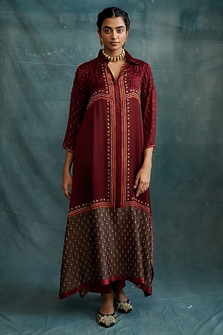 Maroon Modal Block Printed & Embroidered Tunic by Krishna Mehta
