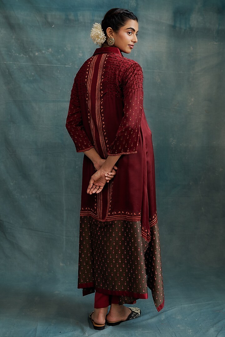 Maroon Modal Block Printed & Embroidered Tunic by Krishna Mehta at Pernia's Pop Up Shop