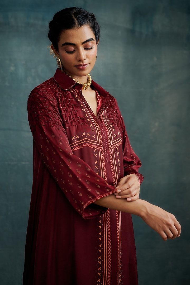 Maroon Modal Block Printed & Embroidered Tunic by Krishna Mehta at Pernia's Pop Up Shop