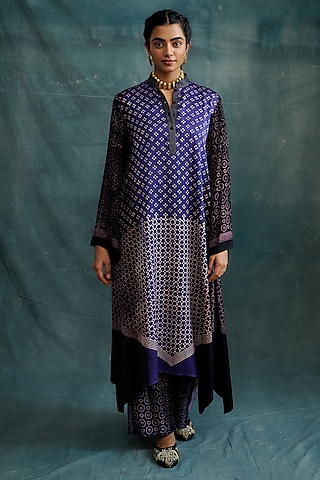 Purple Modal Block Printed Asymmetric Tunic by Krishna Mehta