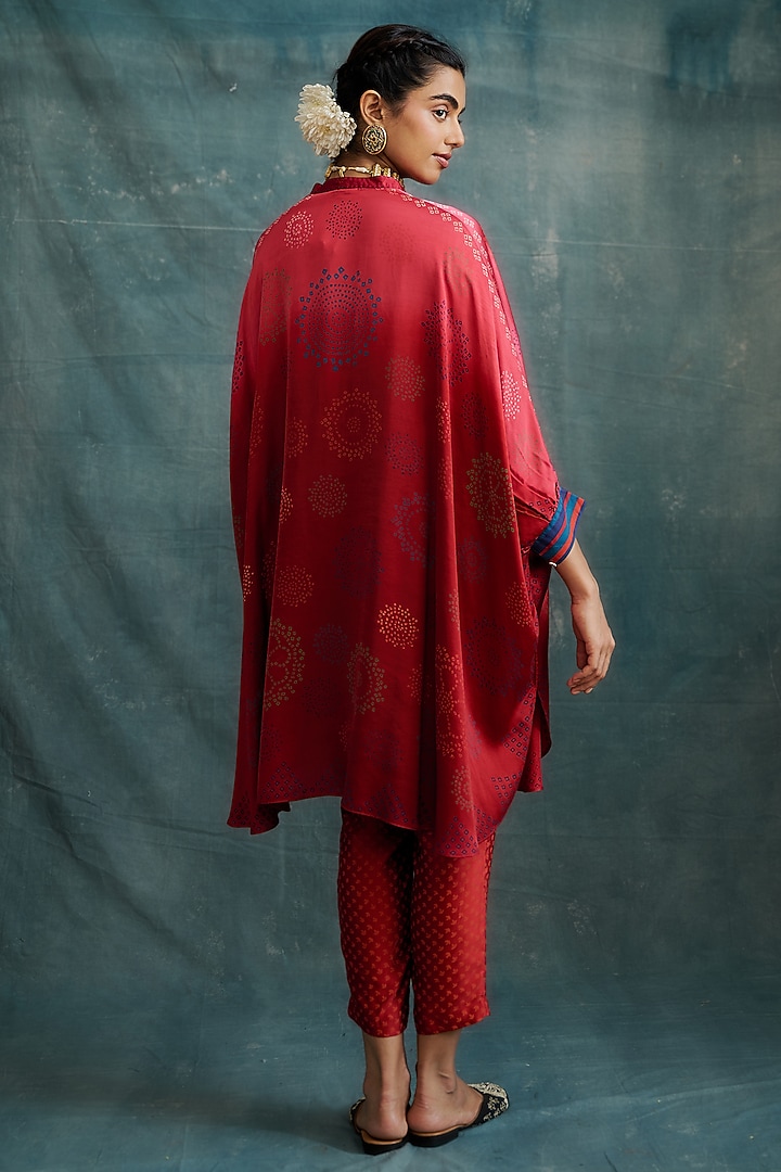 Red Modal Bandhej Block Printed Kaftan Tunic by Krishna Mehta at Pernia's Pop Up Shop