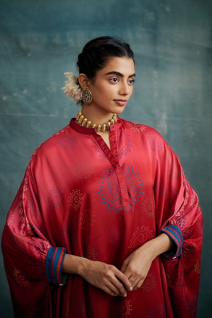 Red Modal Bandhej Block Printed Kaftan Tunic by Krishna Mehta at Pernia's Pop Up Shop