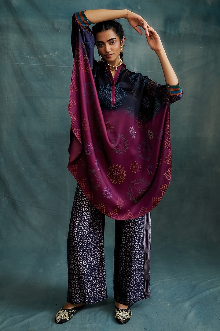 Indigo & Magenta Modal Bandhej Block Printed Kaftan Tunic by Krishna Mehta at Pernia's Pop Up Shop