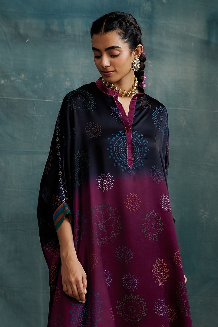 Indigo & Magenta Modal Bandhej Block Printed Kaftan Tunic by Krishna Mehta at Pernia's Pop Up Shop